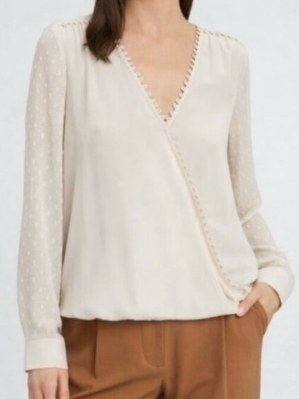L’Agence Perry Silk Swiss Dot Faux Wrap Blouse Cream Long Sleeve S